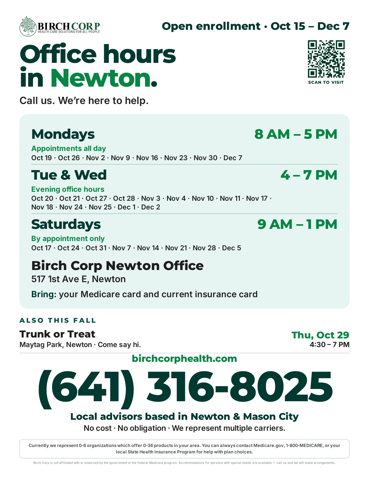 Newton Events flyer: Birch Corp Medicare open enrollment dates and locations, Oct 15 – Dec 7