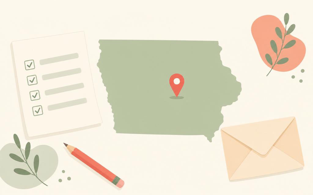 Illustration of Iowa with a map pin, checklist, and envelope representing the Medicare application process
