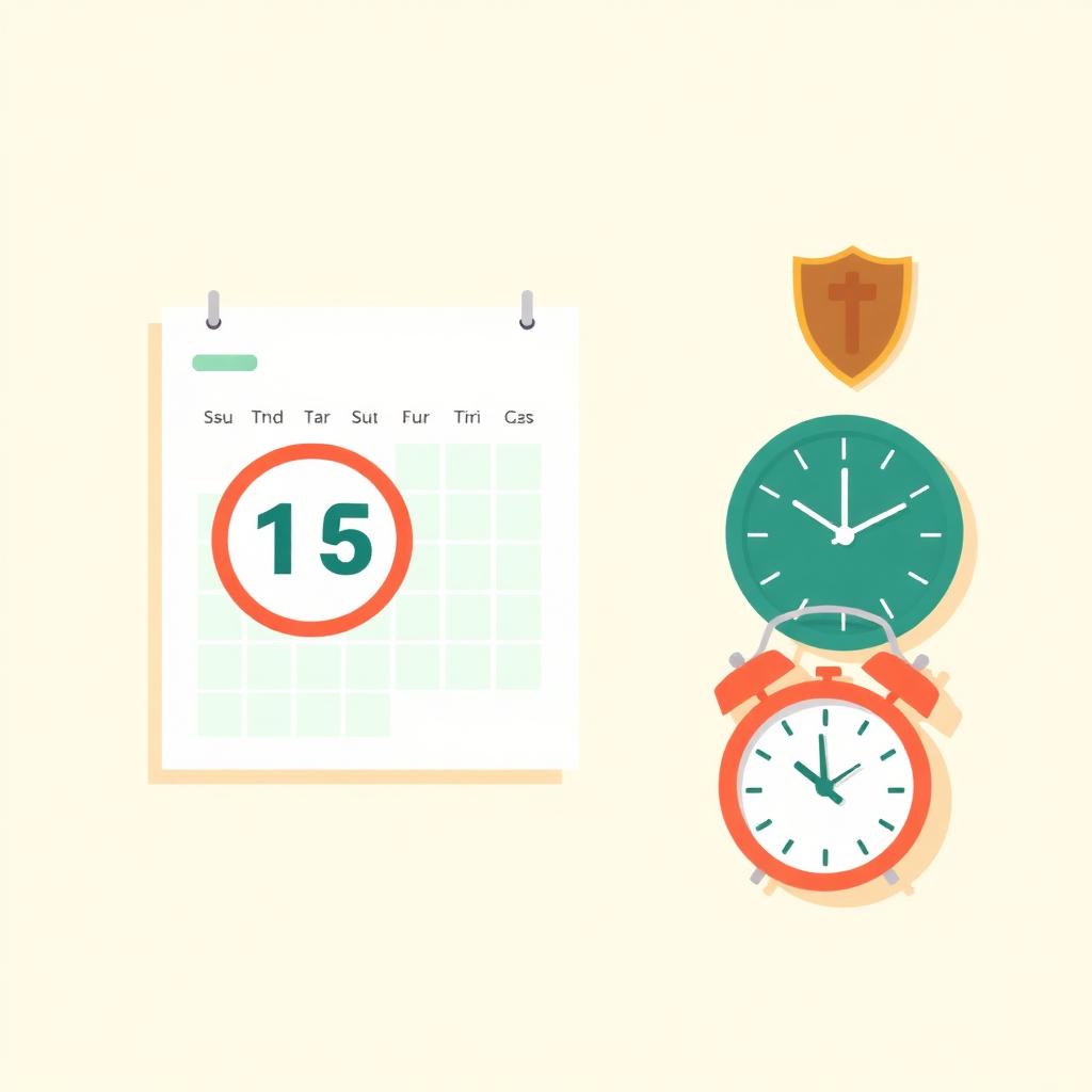 Illustration of a calendar, alarm clock, and shield representing on-time Medicare enrollment