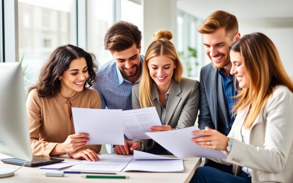 Small business team reviewing employee benefits